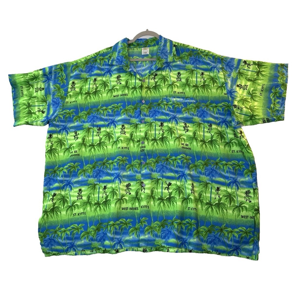 RIMA Mens Hawaiian Shirt St. Kitts‎ Green & Blue Palm Tree 3XL Tropical Jammin